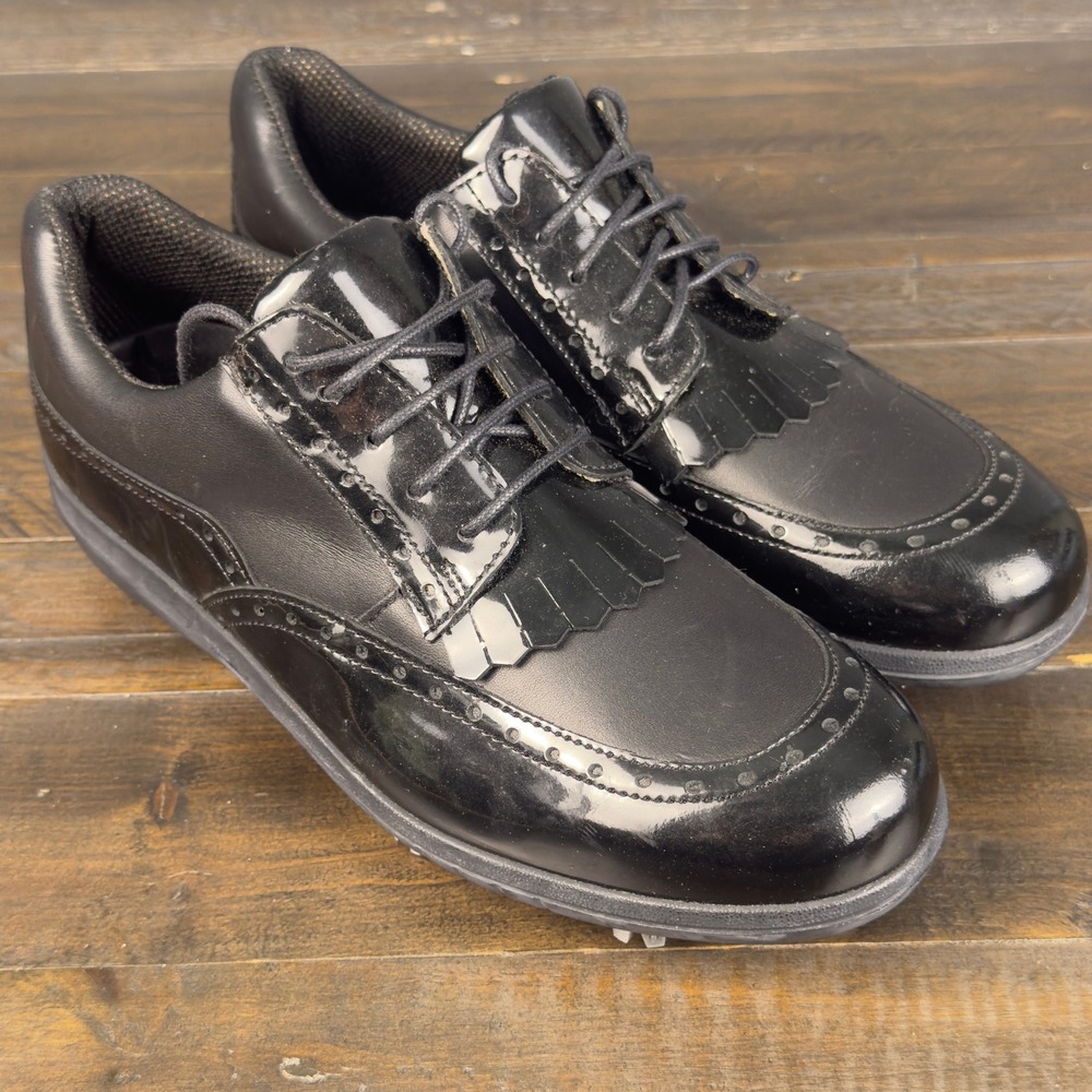 Bally Black Leather Kiltie Wingtip Golf Shoes Womens Softspikes Oxfords - Picture 2 of 9
